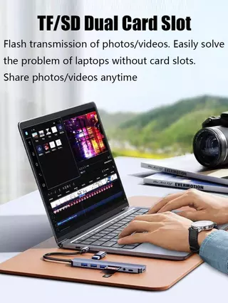 พอร์ตฮับ USB 8 in 1 เครื่องอ่านการ์ด SD ประเภท C ถึง 3.5 มม. สถานีเชื่อมต่อเสียง
