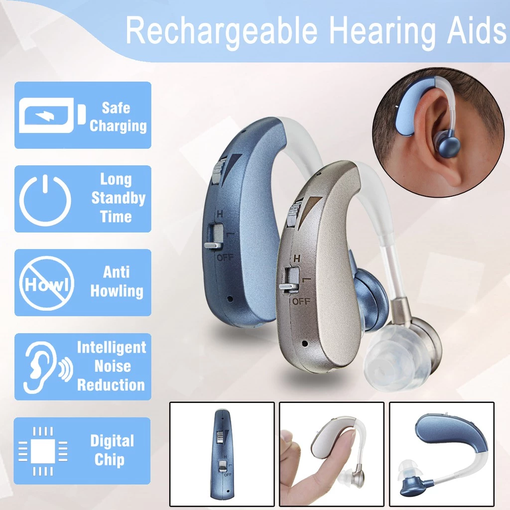 เครื่องช่วยฟังหูฟังเสริมชาร์จคริสตัล Clarity เครื่องขยายเสียงเสียง Cancelling ของขวัญสําหรับอาวุโสแขวนหูสไตล์สีฟ้า Golden Premium Finish Universal Fit