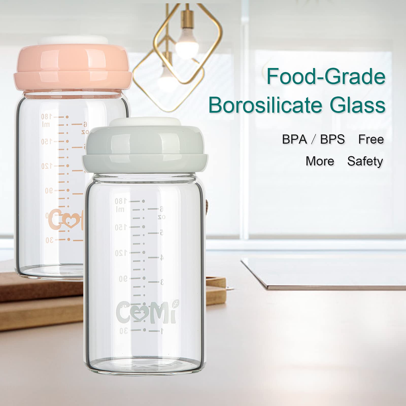 COMI ขวดเก็บน้ํานมแม่แก้วคอกว้าง 2 ชิ้น 6 ออนซ์พร้อมแหวนสกรูซีล BPA ฟรีวันเกิด