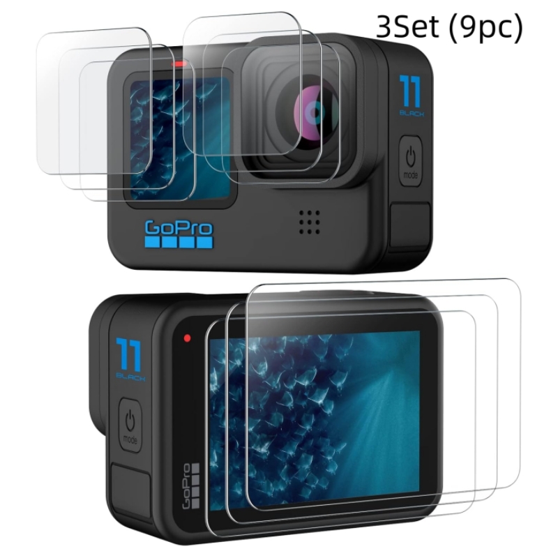 ฟิล์มกระจกนิรภัยกันรอยหน้าจอ ติดตั้งง่าย สีดํา สําหรับ GoPro Hero 12 11 10 9 3 ชิ้น 9 ชิ้น