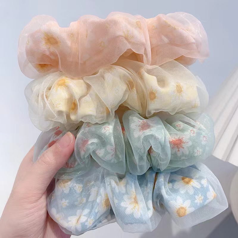 ซื้อ สไตล ์ ใหม ่ Double-Layer Organza ดอกไม ้ Scrunchy แหวนผม Fairy Gauze Classy ผมหางม ้ าเชือกหัวดอกไม ้