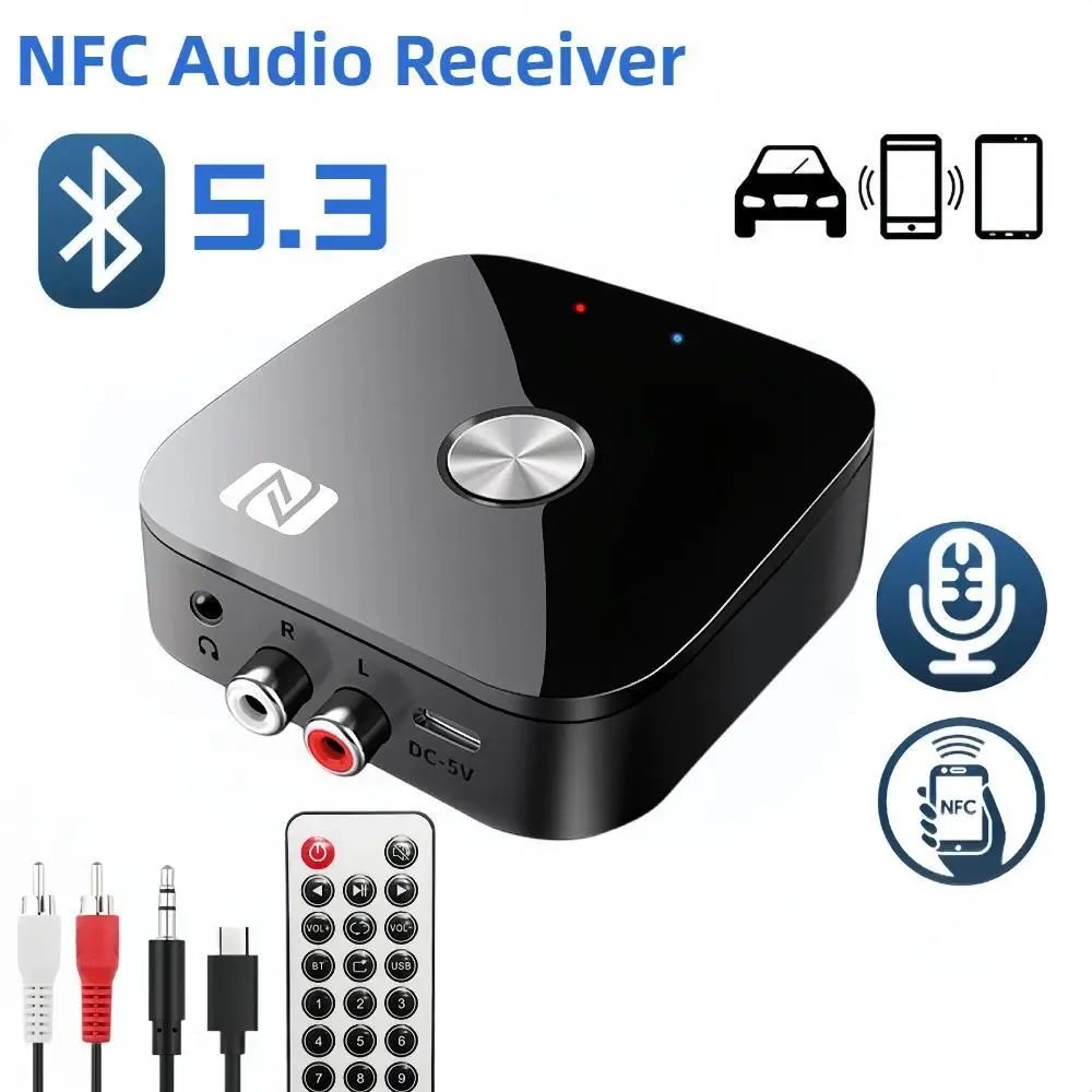 อะแดปเตอร์รับสัญญาณเสียงสเตอริโอบลูทูธ 5.3 RCA 3.5 มม. AUX USB NFC BT 5.0 ไร้สาย พร้อมไมโครโฟน สําหรับรถยนต์ ลําโพง เครื่องขยายเสียง