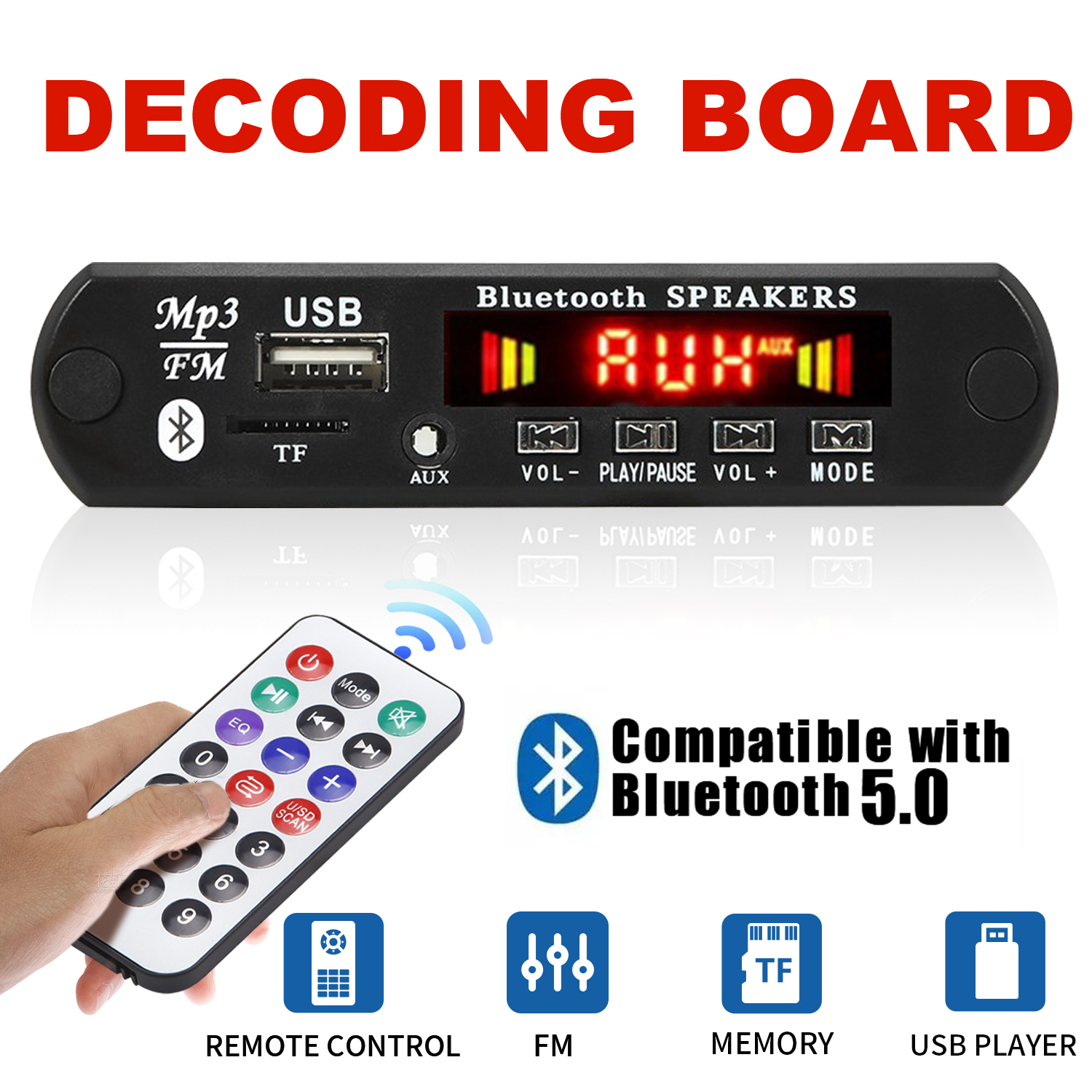 ชุดบอร์ดโมดูลถอดรหัสเครื่องเล่นเพลง MP3 ไร้สาย DC 12V บลูทูธ 5.0 USB AUX TF วิทยุ FM สําหรับรถยนต์