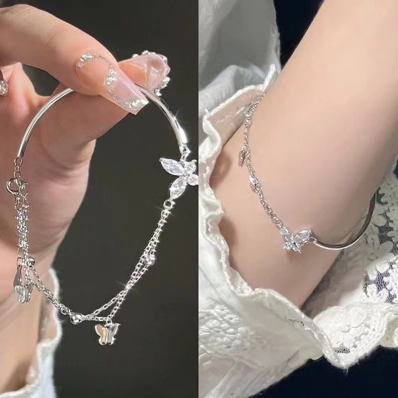 สร้อยข้อมือ จี้ผีเสื้อ ประดับเพชร แบบครึ่งชั้น สีแดง จํานวน 1 ชิ้น
