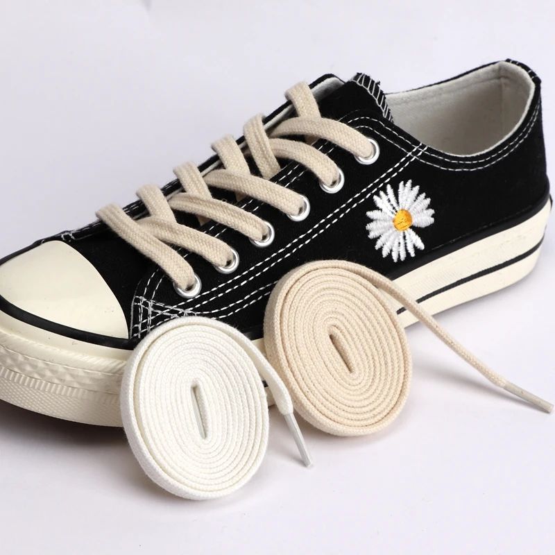1 คู่ผ้าใบ Shoelaces แบนผ้าฝ้าย Laces สําหรับรองเท้าผ้าใบผู้ชายผู้หญิงสีขาว Beige