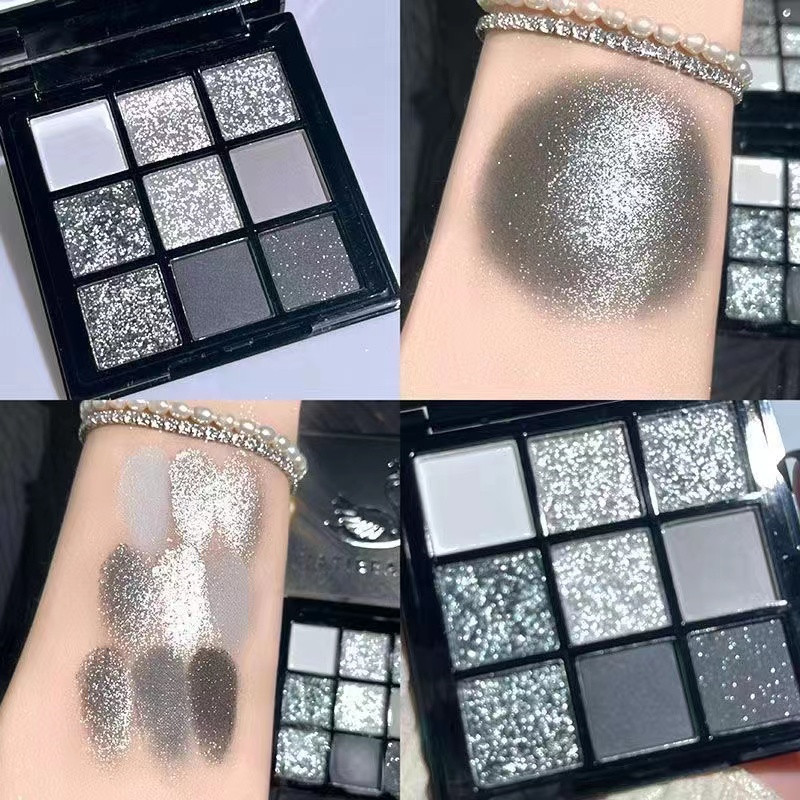 9-Shade Glitter Eyeshadow Palette Dark Metal Punk Smokey Eye สีเทาสีดํา Chilly Lady แต่งหน้า