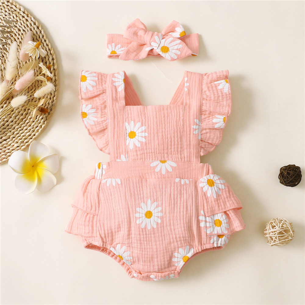 Bayi ชุดบอดี้สูท ผ้าฝ้าย เปิดหลัง พิมพ์ลายดอกเดซี่ สําหรับเด็กผู้หญิง 0-18 เดือน