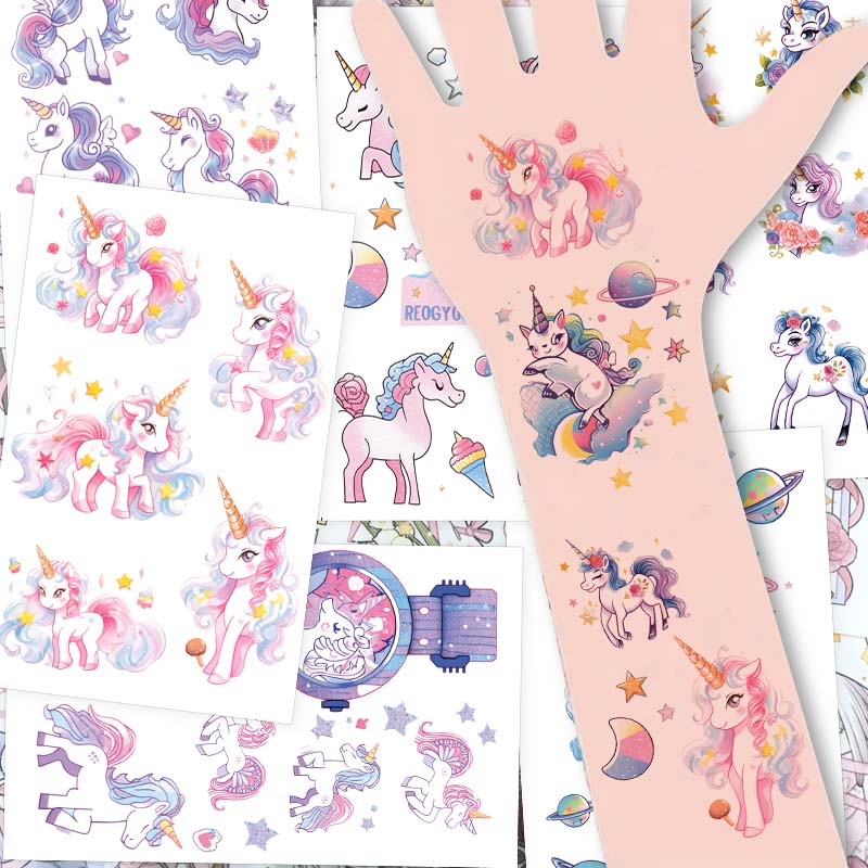 สติกเกอร์รอยสักชั่วคราว ลายการ์ตูนยูนิคอร์น สีชมพู 6 แบบ 32 แบบ กันน้ํา แวววาว ของขวัญวันเกิด สําหรับเด็กผู้หญิง และผู้ชาย