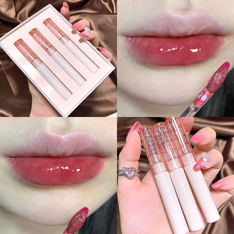 Cappuvini 3 สีชุดลิปสติก Mirror Glaze Long Lasting Gloss Color Moisturizing Cappuvini Lip Tint
