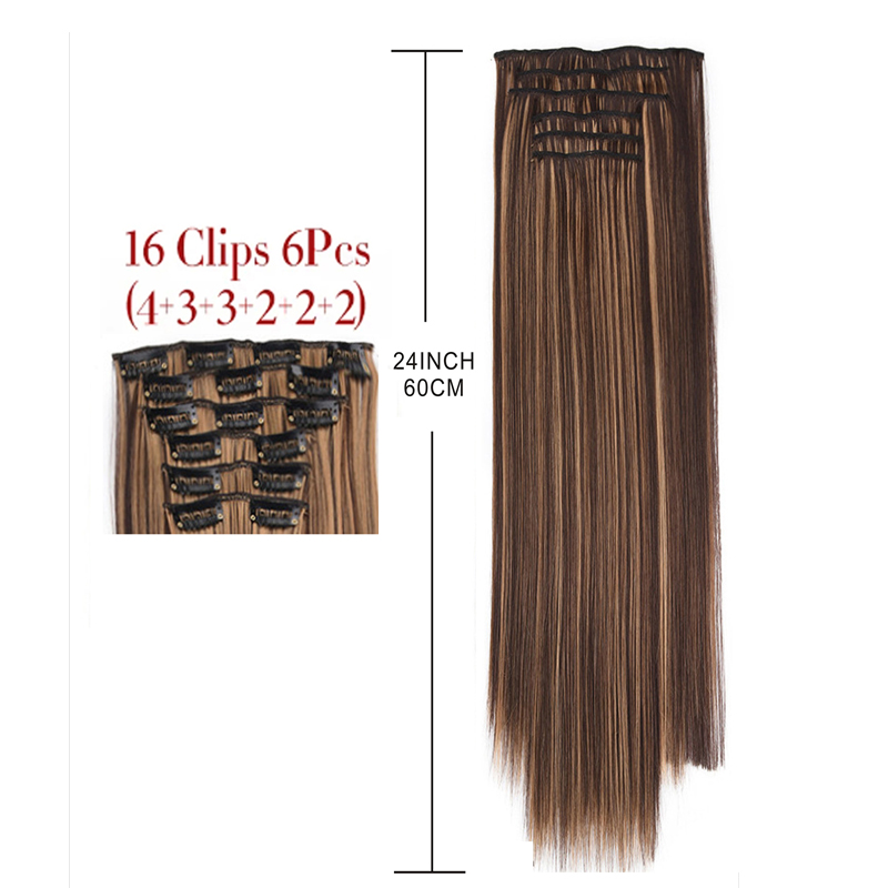 24 นิ้ว 140g ยาวตรงสังเคราะห์ผมสีดํา Extensions - 6 ชิ้น Clip-In Ombre ทนความร้อน - รูปที่ 2