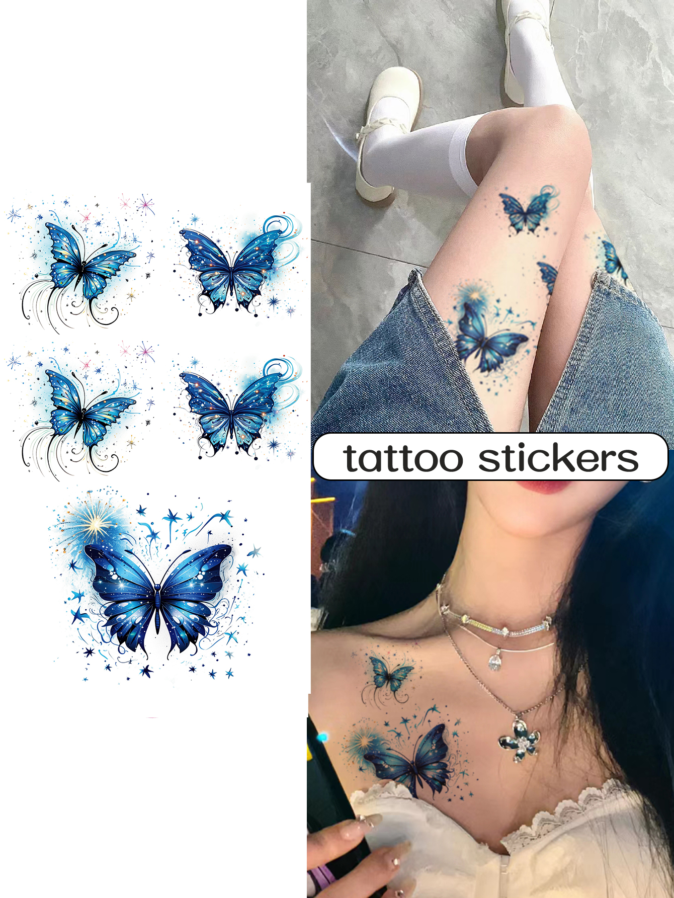 สติกเกอร์รอยสักชั่วคราว ลายผีเสื้อ ดอกไม้ ไล่โทนสีฟ้า ไม่สะท้อนแสง ติดทนนาน สําหรับผู้หญิง