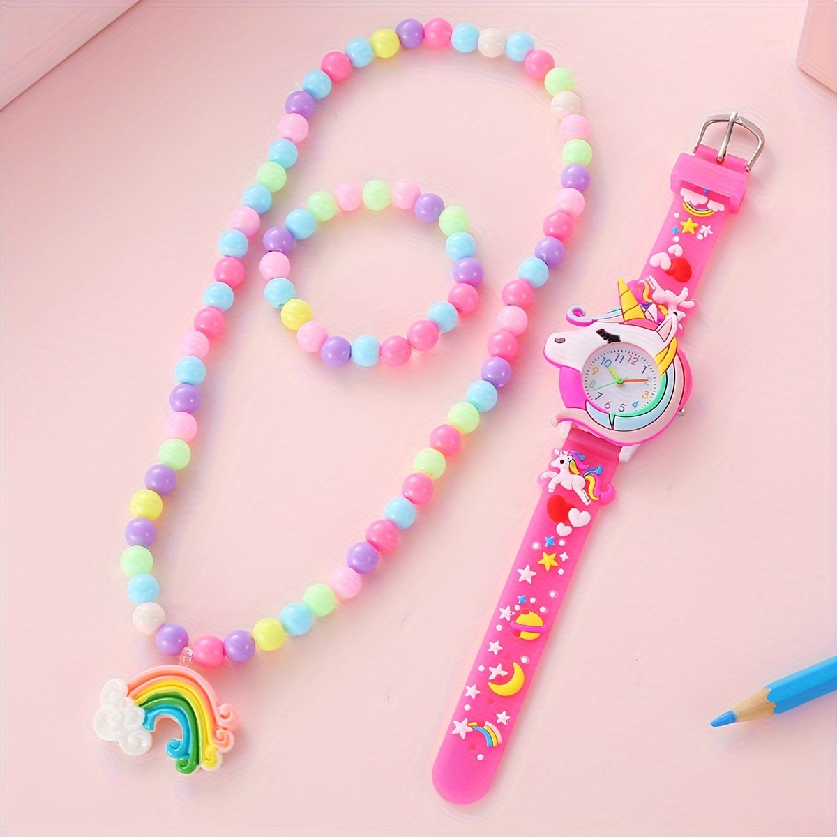 Kegllect นาฬิกาข้อมือควอตซ์ สายซิลิโคน ลายยูนิคอร์น 3D สีรุ้ง สําหรับเด็กผู้หญิง นักเรียน 3 ชิ้น