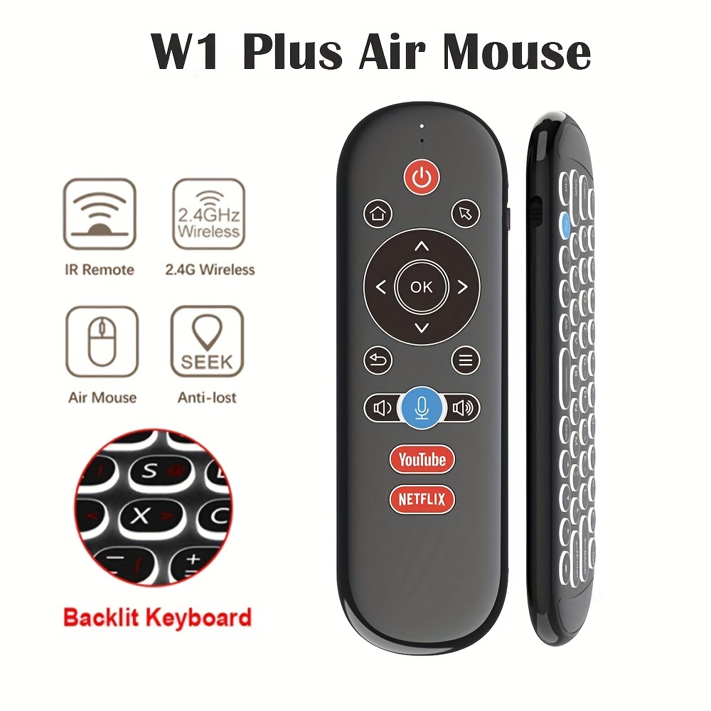 W1 PLUS 2.4G รีโมทคอนโทรลเมาส์อากาศไร้สายแบบชาร์จไฟได้สองด้านพร้อมคีย์บอร์ดขนาดเล็ก,แบ็คไลท์,ไจโรสโคป 6 แกน,การค้นหาด้วยเสียงเหมาะสําหรับกล่องทีวี Android,สมาร์ททีวีขยาย,