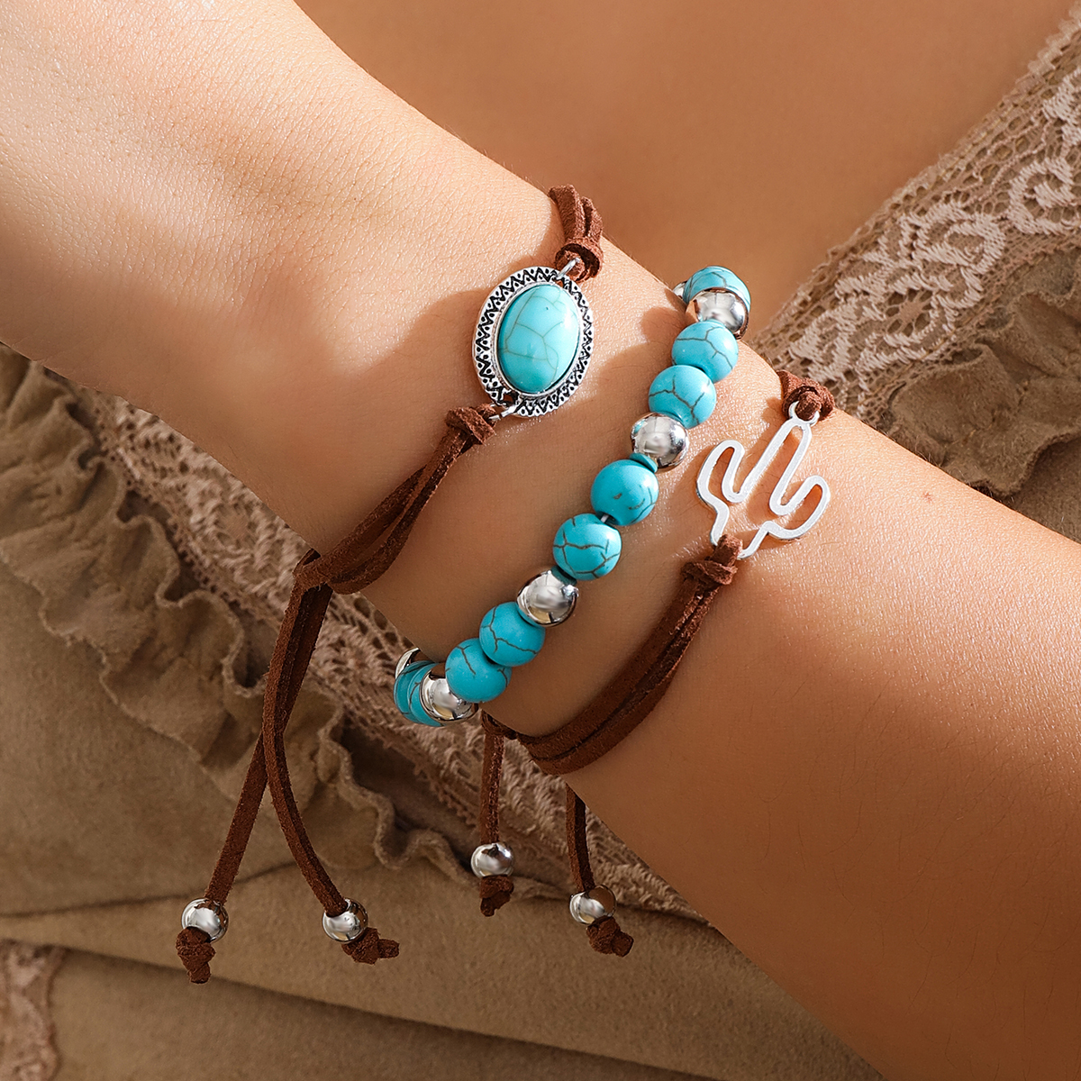 เครื่องประดับ สร้อยข้อมือ ประดับลูกปัดหินสีเขียว สีน้ําตาล พร้อมสร้อยข้อมือ รูปกระบองเพชร แฟชั่นสําหรับผู้หญิง 2024 3 ชิ้น