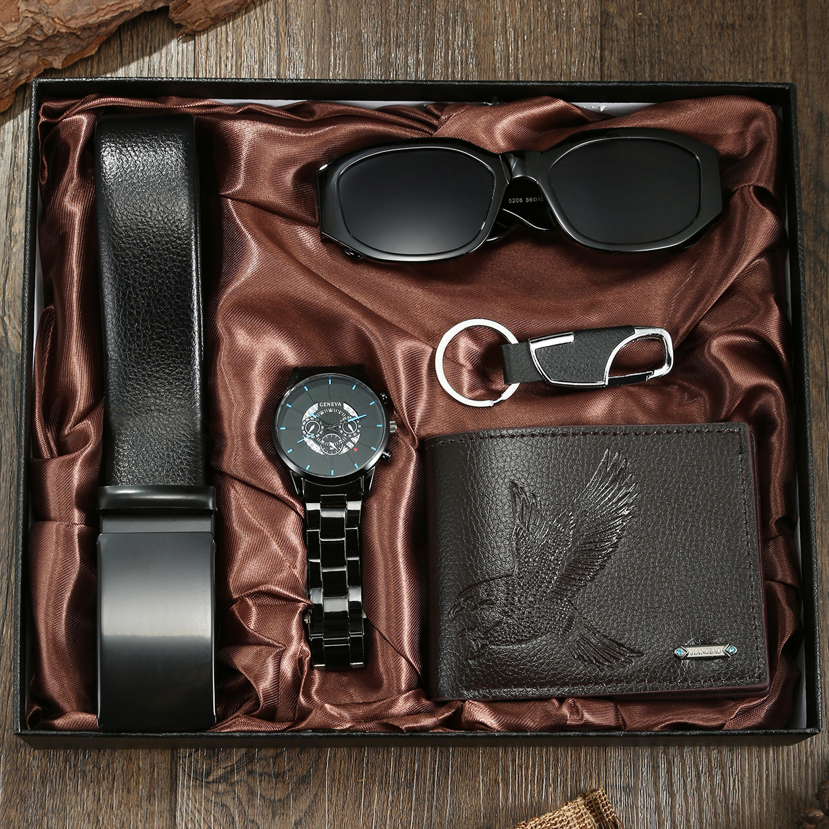 A Mens 5 ชิ้นชุดคลาสสิก All-Match Watch-Quartz นาฬิกา, พวงกุญแจ, เข็มขัด, แว่นกันแดด, กระเป๋าสตางค์ที่สมบูรณ์แบบธุรกิจของขวัญลําลอง