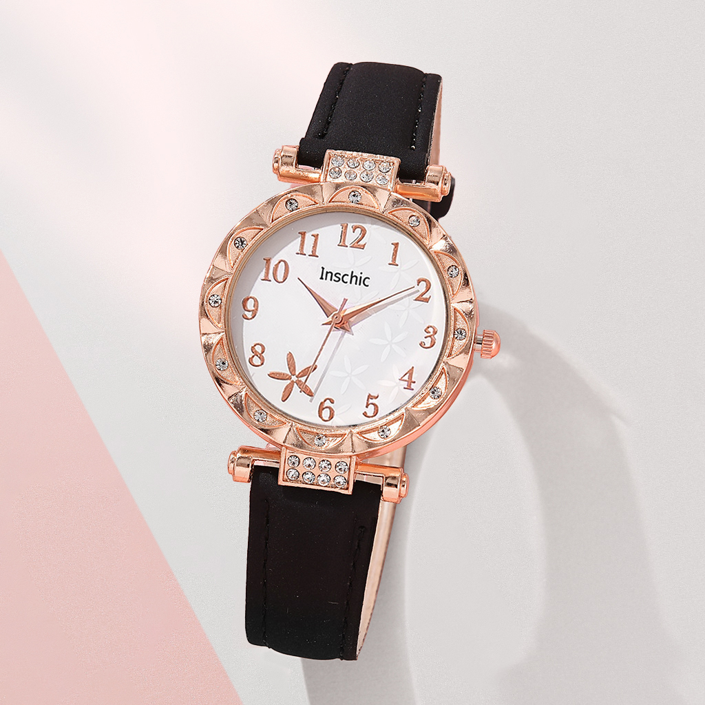 แฟชั่นดอกไม้ Dial ผู้หญิงนาฬิกา Casual สายหนังควอตซ์นาฬิกาชุดเครื่องประดับ (พร้อมกล่องไม่มี)