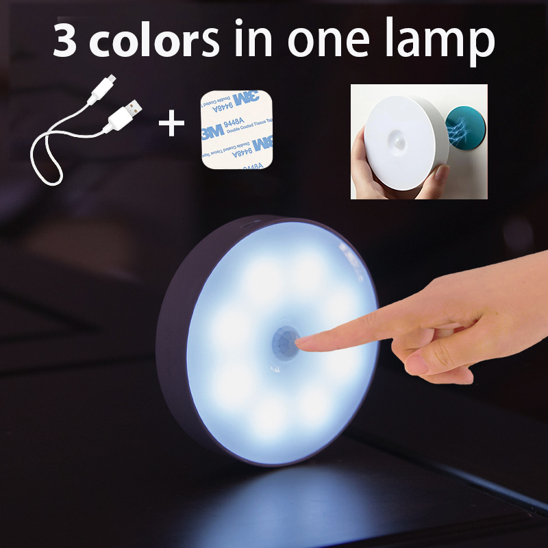 3 สีปุ่มสวิทช์ไฟกลางคืน LED USB ชาร์จโคมไฟกลางคืนสำหรับตู้ครัวตู้เสื้อผ้าโคมไฟบันไดตู้เสื้อผ้าไร้สายแสงโคมไฟข้างเตียงนอน