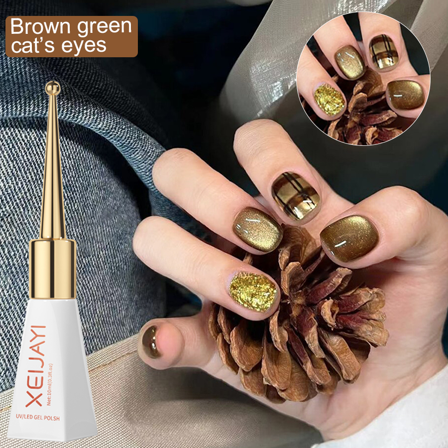 1Pc 10Mlสีน้ำตาลสีเขียวCat Eye Gel Magneticเล็บHolographic Cat Eye Gelเล็บเจลเจลเคลือบเงาสำหรับเล็บDiy