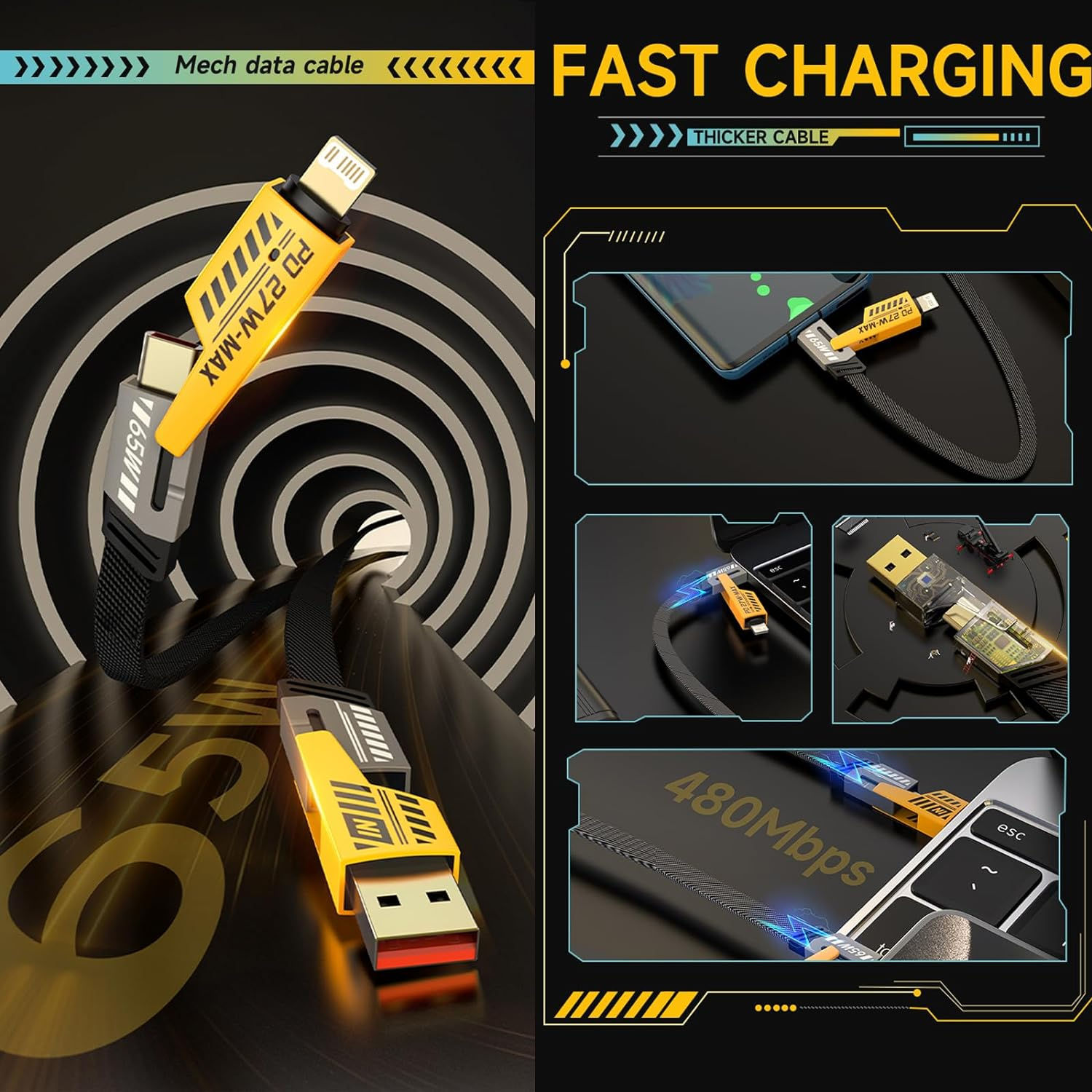 4 in 1 Convertible Metal Fast Data Cable, Braided Cable 65W 3.9ft USB C USB A, หลายสายชาร ์ จ