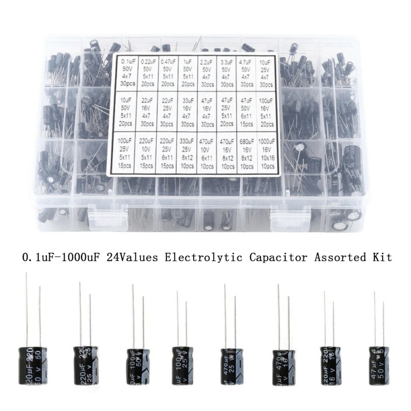 ชุดตัวเก็บประจุอิเล็กโทรไลต์ 24 ค่า 0.1uF-1000uF 16V-50V พร้อมกล่องพลาสติก DIY 500 ชิ้น
