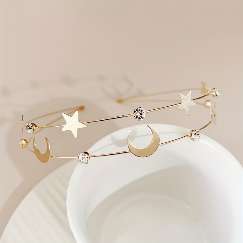 Mori สไตล ์ Super Fairy Star Moon แถบคาดศีรษะสไตล ์ ฝรั ่ งเศสเพทายขอบบางคู ่ โลหะผสมแถบคาดศีรษะ Rhinestone อุปกรณ ์ เสริมผม
