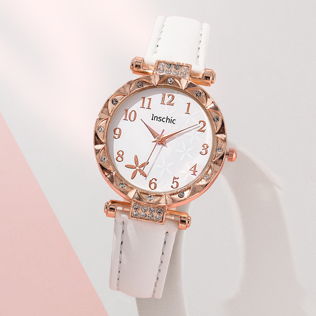 แฟชั่นดอกไม้ Dial ผู้หญิงนาฬิกา Casual สายหนังควอตซ์นาฬิกาชุดเครื่องประดับ (พร้อมกล่องไม่มี)