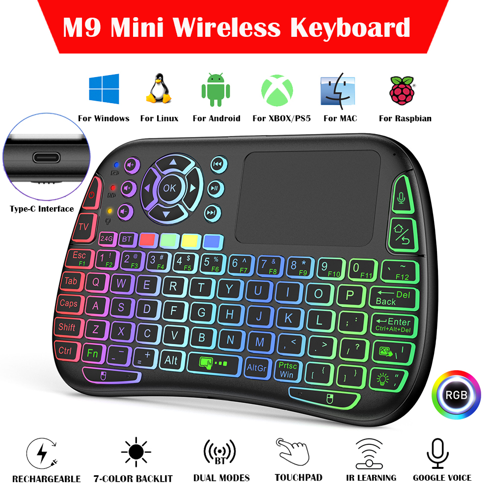 M9 BT 2.4G Mini คีย ์ บอร ์ ดไร ้ สายการเชื ่ อมต ่ อระยะไกล 7 Backlit Type-C เสียง IR การเรียนรู ้ ลิเธียม Air Mouse ระยะไกลทัชแพดสําหรับ Android TV กล ่ อง PC