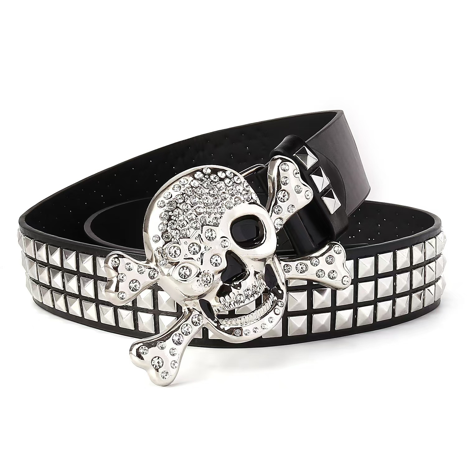 Skull Head Punk เข็มขัดพีระมิด Studs ลูกปัดสแควร์ Rivet Gothic Rock Hip Hop เข็มขัดสําหรับผู้ชายและผู้หญิง