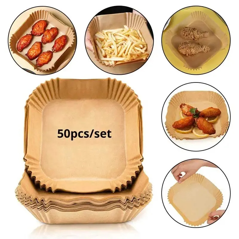 50 ชิ้น / เซต หม้อทอดไร้น้ํามัน กระดาษใช้แล้วทิ้ง เยื่อไม้ หม้อนึ่งชีสเค้ก หม้อทอดอากาศ อุปกรณ์อบกระดาษ สําหรับหม้อทอดไร้น้ํามันอากาศ