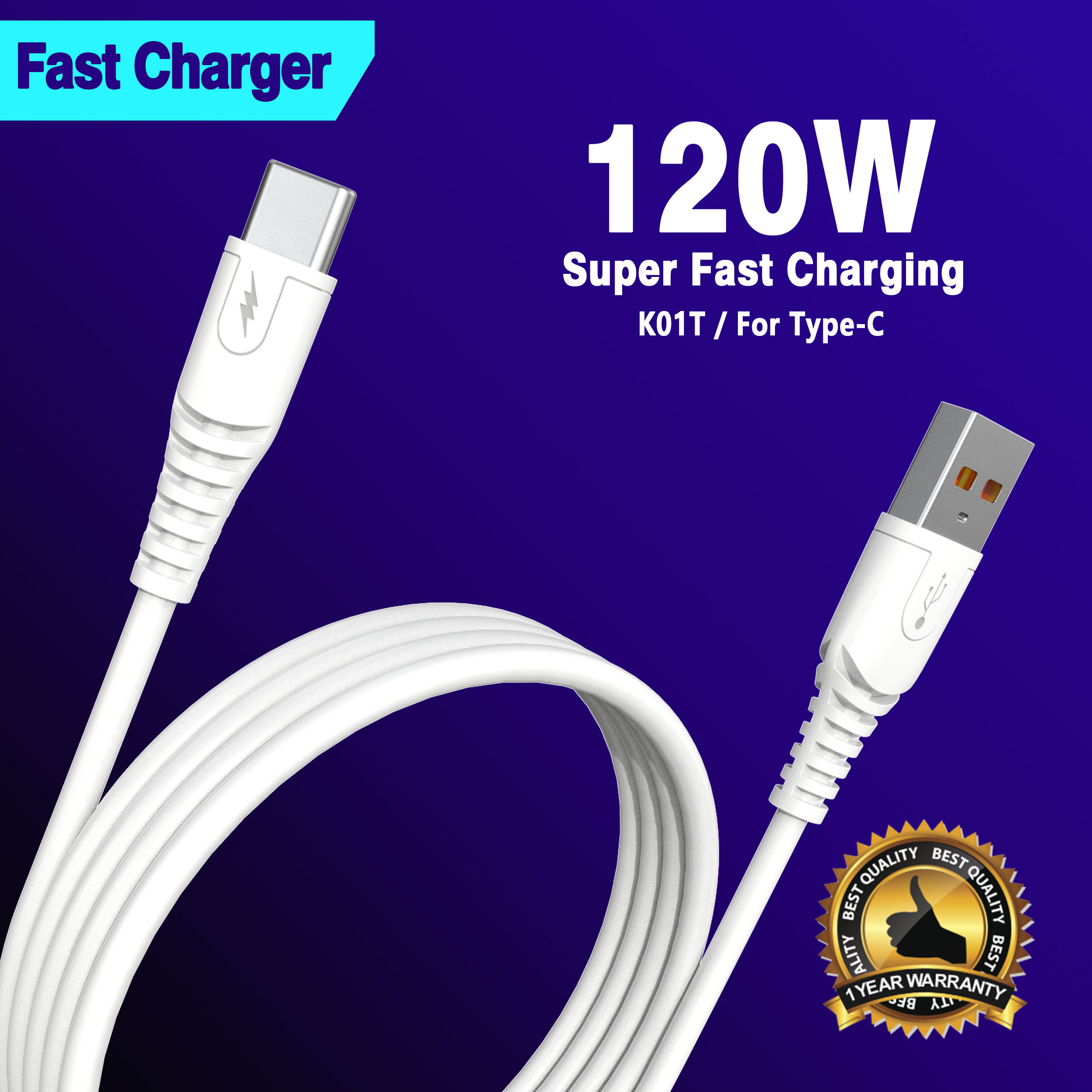 สายชาร์จ USB 120W 120W ชาร์จเร็ว สายเคเบิลข้อมูล Android Type C USB C K01V