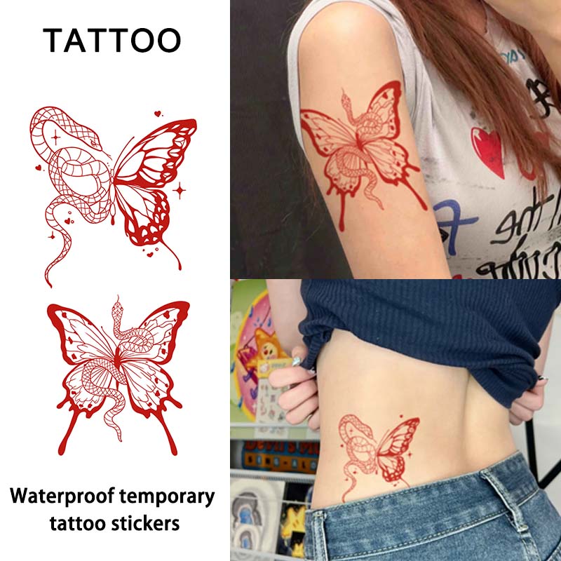 สติกเกอร์รอยสักชั่วคราว ลายงูครึ่งแขน ผีเสื้อ สีส้ม สีแดง ไม่สะท้อนแสง ติดทนนาน สําหรับผู้หญิง