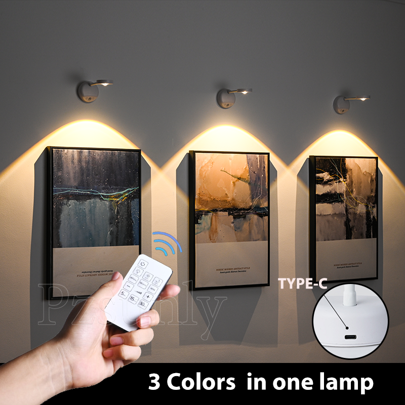 โคมไฟติดผนัง LED 3 สีในหนึ่งเดียว เซนเซอร์ตรวจจับการเคลื่อนไหว แบบไร้สาย USB TYPE-C ปรับความสว่างได้ เหมาะสําหรับห้องครัว ห้องนอน ห้องโถง นิทรรศการภาพจิตรกรรมฝาผนัง ไฟตกแต่ง