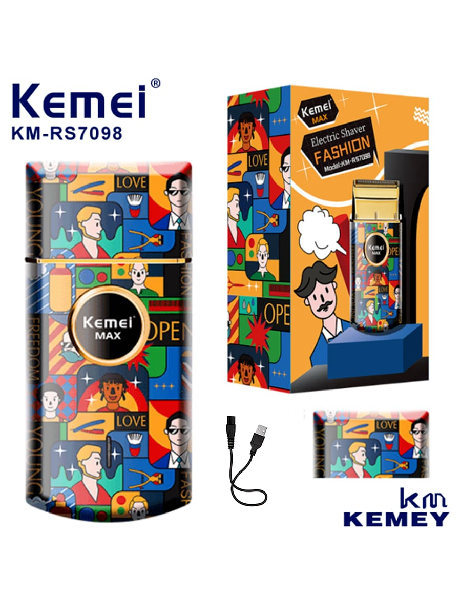 Kemei KM-RS7098 เครื่องโกนหนวดไฟฟ้า ลายกราฟฟิตี้ สไตล์เรโทร