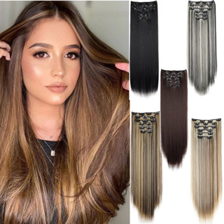 ต่อผมยาวตรงสังเคราะห์สีดำ 24 นิ้ว 140 กรัม - 6 ชิ้น แถบคลิปต…