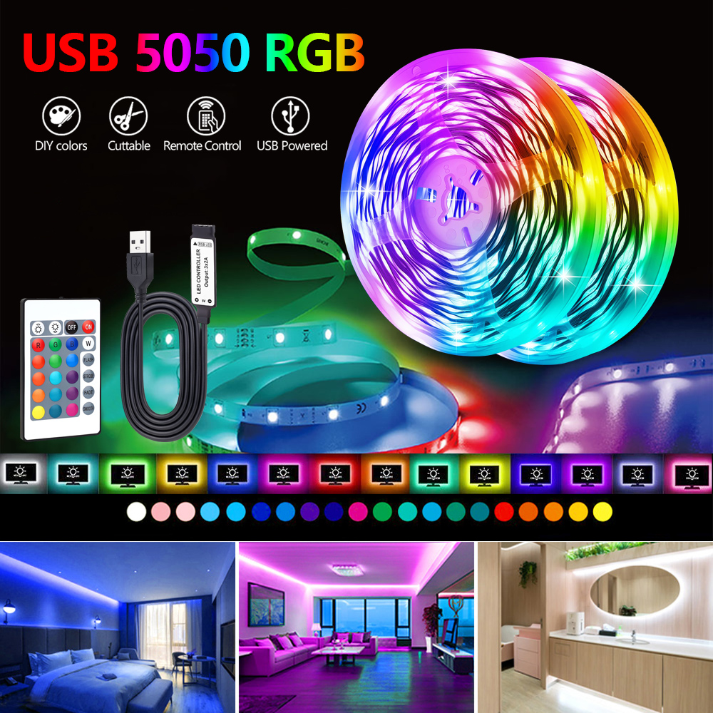 คริสต์มาส 5V USB LED Strip ไฟ 5050 RGB IR LED Light Strip IR รีโมทคอนโทรล LED เทปไฟสําหรับทีวีห้องนั่งเล่นตกแต่งห้องนอน