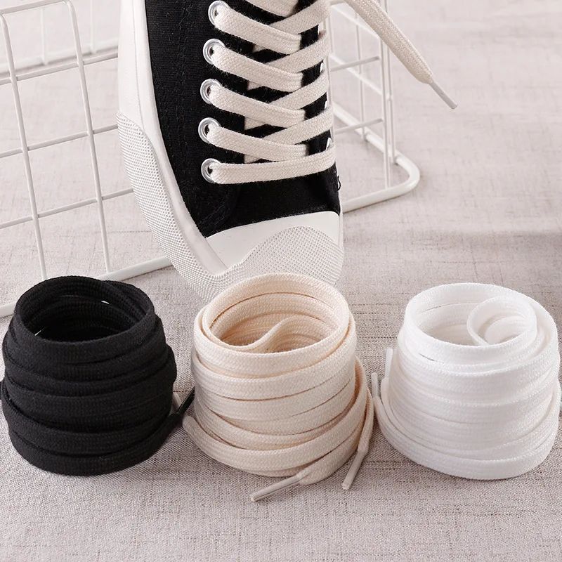 1 คู่ผ้าใบ Shoelaces แบนผ้าฝ้าย Laces สําหรับรองเท้าผ้าใบผู้ชายผู้หญิงสีขาว Beige