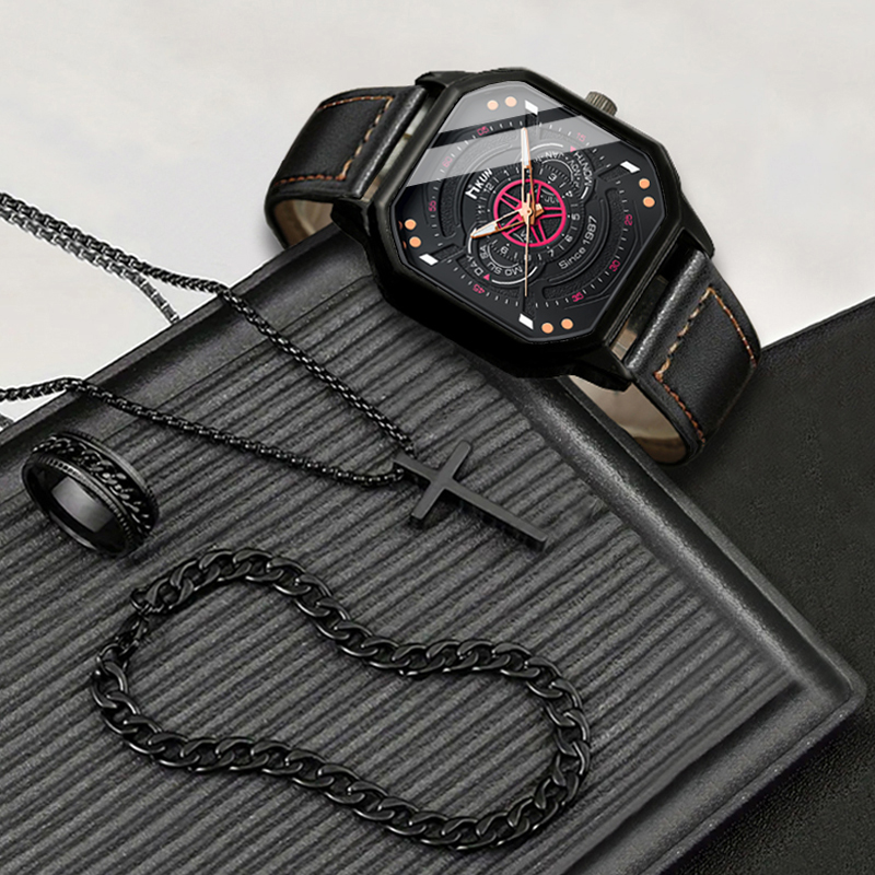 1 ผู ้ ชาย Casual กีฬาสไตล ์ เข ็ มขัดนาฬิกาควอตซ ์ + 3 ชิ ้ นชุด Cross Jewelry