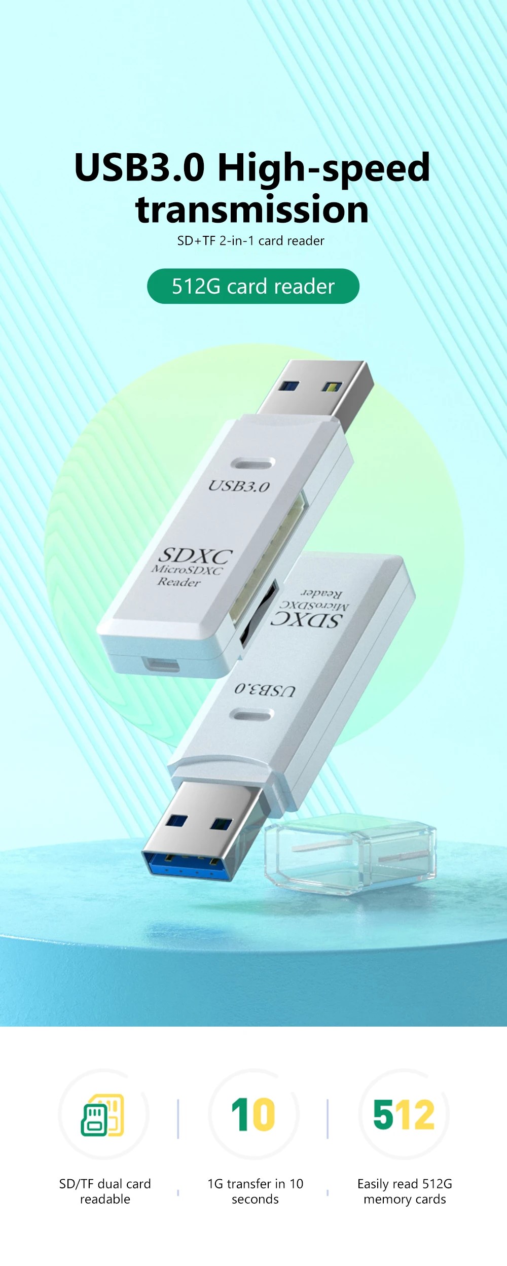 2 IN 1 อะแดปเตอร์การ์ดรีดเดอร์ USB 3.0 SD TF ความเร็วสูง สําหรับคอมพิวเตอร์ แล็ปท็อป