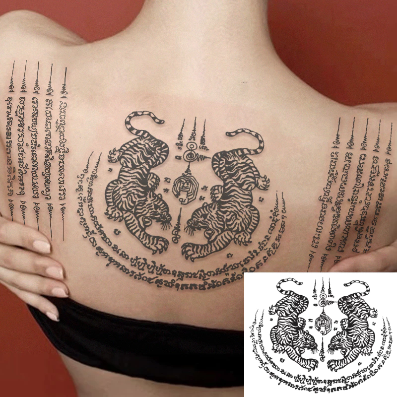 รอยสักชั่วคราวลายเสือไทยกันน้ําแบบสมจริงงานศิลปะบนร่างกายครึ่งถาวร