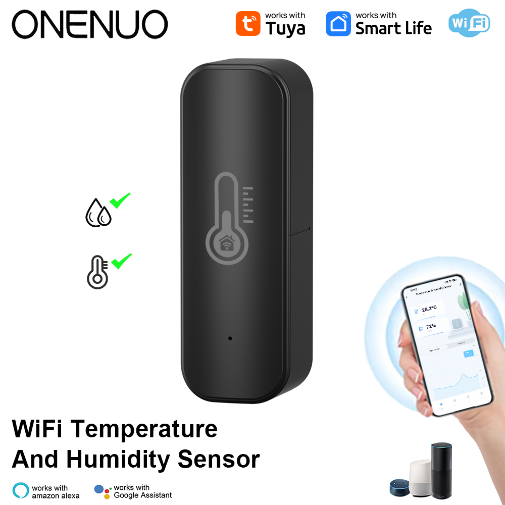 Onenuo Tuya สมาร์ทเซนเซอร์วัดอุณหภูมิความชื้น WiFi (สีดํา)