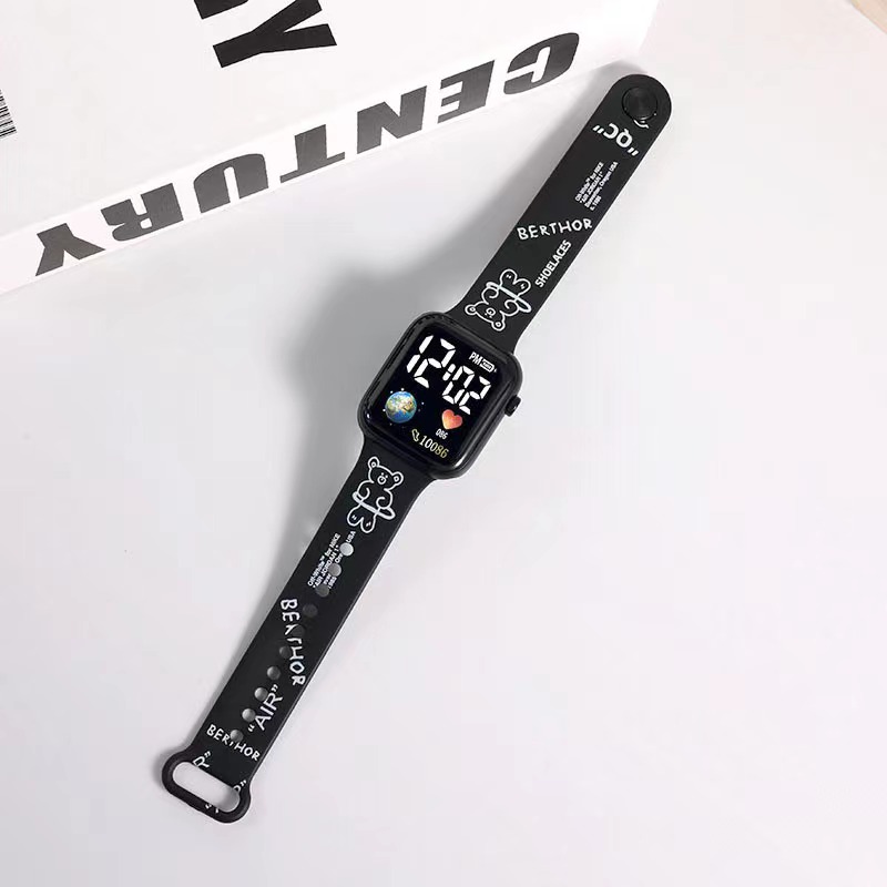 ใหม่ นาฬิกาข้อมืออิเล็กทรอนิกส์ LED พิมพ์ลายการ์ตูน ทรงสี่เหลี่ยม แฟชั่น สําหรับนักเรียนประถม