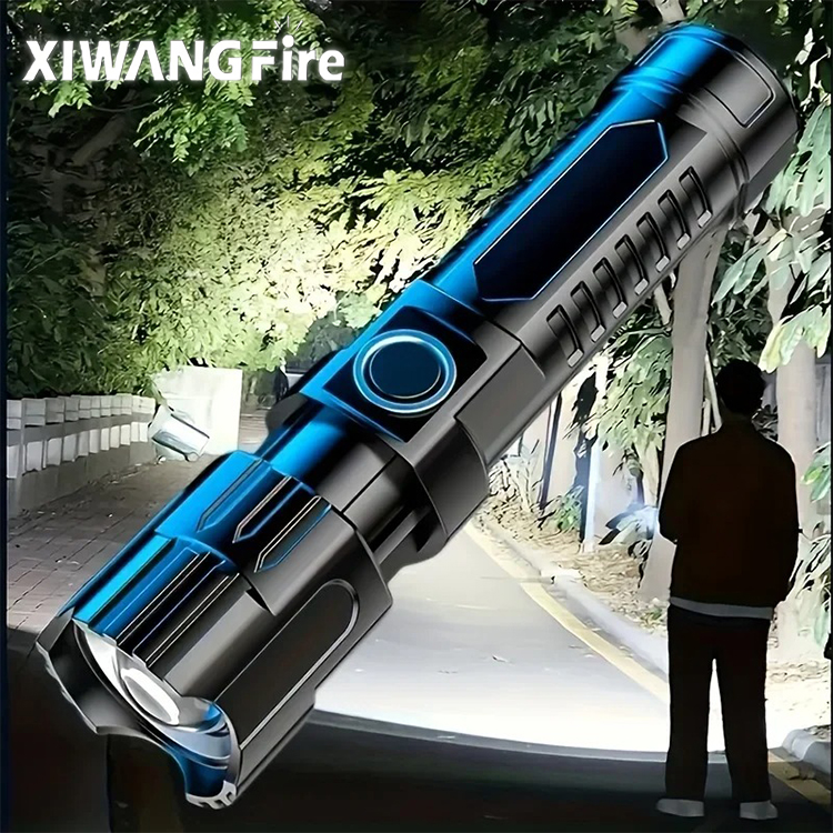 Xiwangfire ไฟฉาย LED แบบพกพา แข็งแรง แบตเตอรี่ในตัว ชาร์จ USB ซูมได้ ไฟฉาย LED กลางแจ้ง ตั้งแคมป์ ขี่จักรยาน โคมไฟ