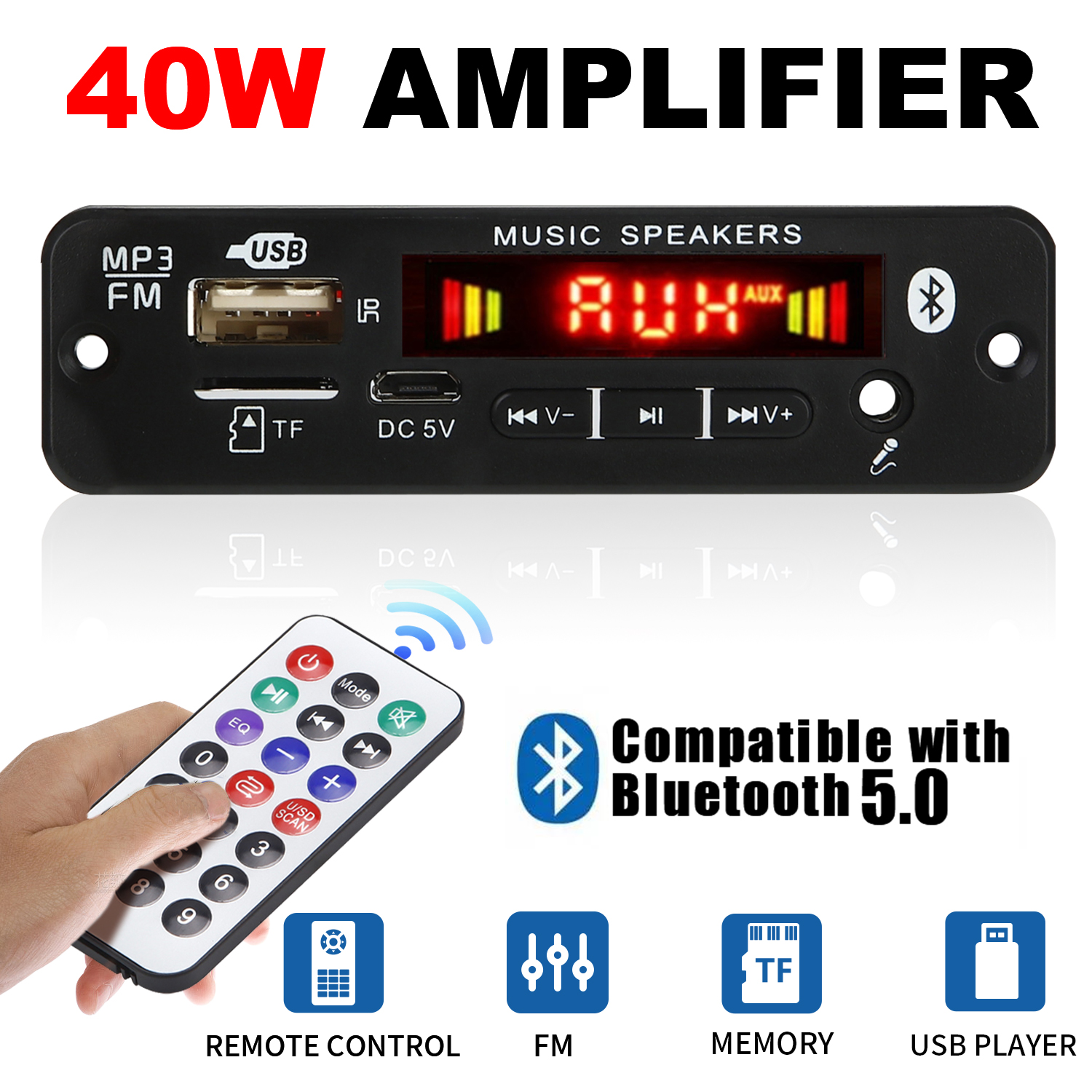 บอร์ดถอดรหัส MP3 DC 12V 18V บลูทูธ 5.0 40W เครื่องเล่น MP3 วิทยุ FM TF ไมโครโฟน 3.5 มม. บันทึกการโทร USB สําหรับรถยนต์