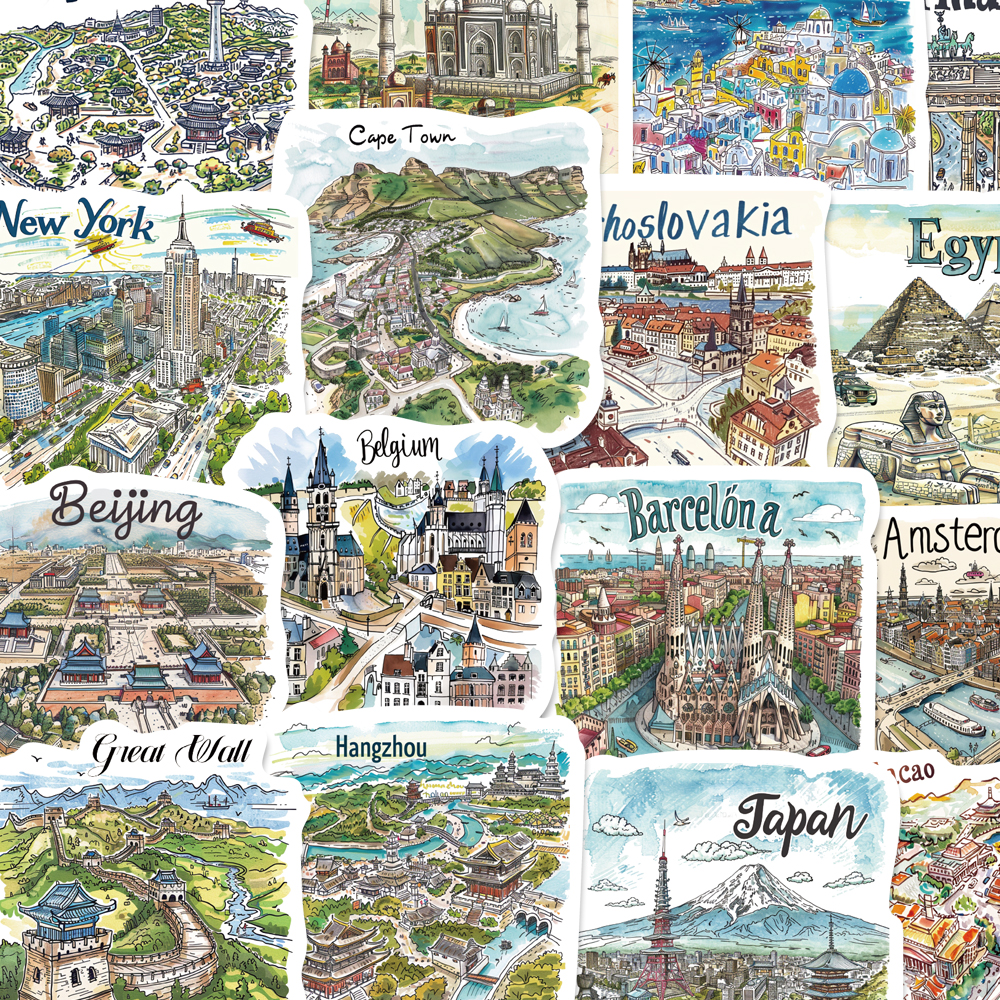 50ชิ้นมือวาดโลกเดินทางแผนที่ที่เรียบง่ายอินสไตล์ทําเองสมุดบัญชีมือหนังสือเคสโทรศัพท์ถ้วยน้ําผู้ถือกระเป๋าหมวกกันน็อคภาพวาดตกแต่ง