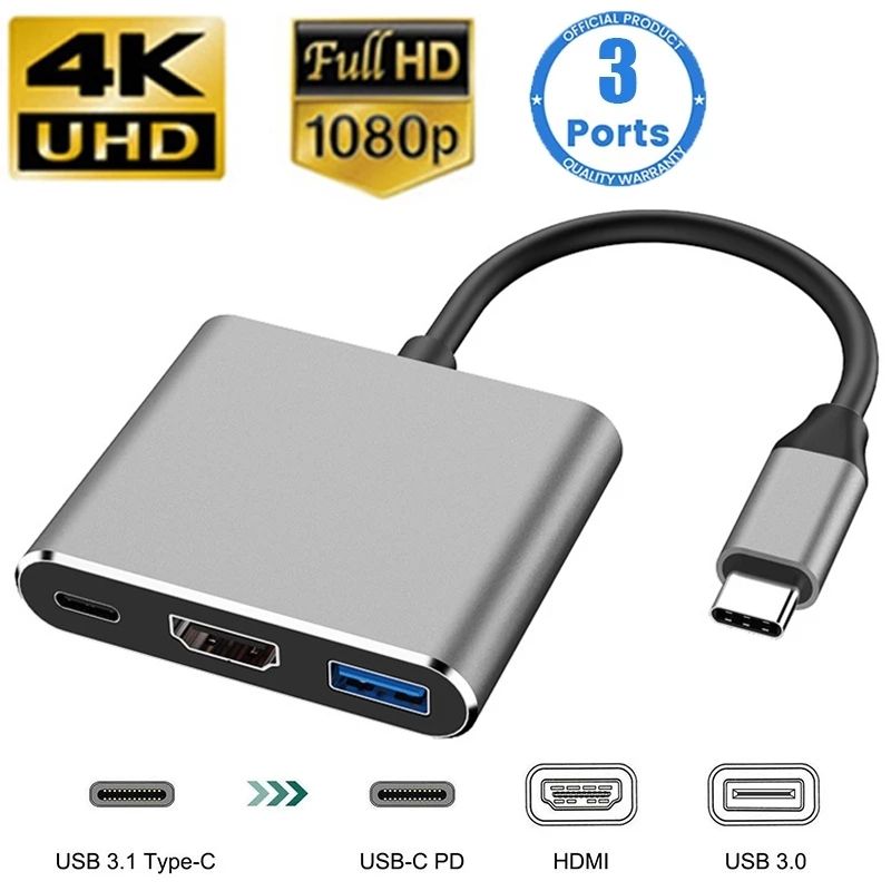 พอร์ต USB เป็นอะแดปเตอร์ HDMI ประเภท C HUB OTG 3-IN-1 4K รองรับ HDMI สําหรับแล็ปท็อปแท็บเล็ตของขวัญวันหยุด