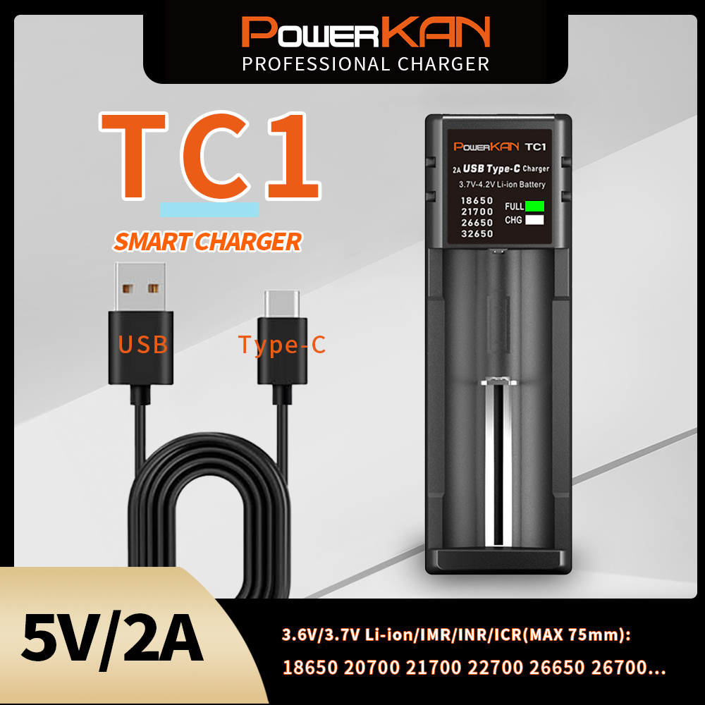 เครื่องชาร์จแบตเตอรี่ PowerKAN 21700 เหมาะสําหรับแบตเตอรี่ Li-ion 21700 18650 20700 10440 14500 18500 16340 17500 26650 32650 เครื่องชาร์จแบตเตอรี่ type C พอร์ตเดียว