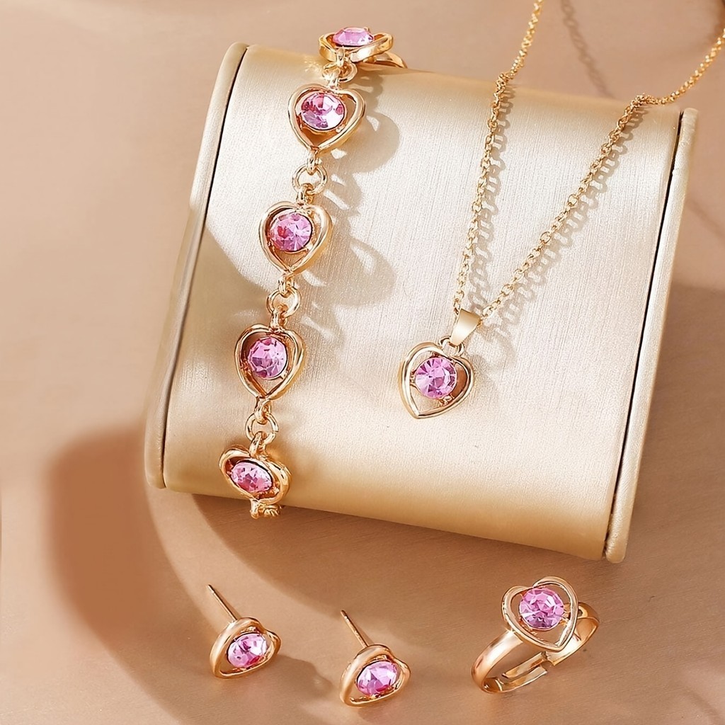5 ชิ้น Elegant Noble Pink Zirconia ชุดเครื่องประดับ Hollow Sparkle สร้อยข้อมือแหวนต่างหูผู้หญิง