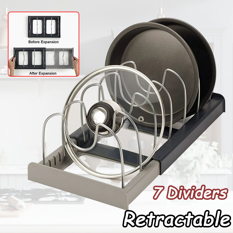 Retractable ที่เก็บของในครัว Rack 7 Dividers หม้อ Pan ผู้ถือตู้เครื่องครัว Organizer จานชาม Drainer อุปกรณ์ครัว