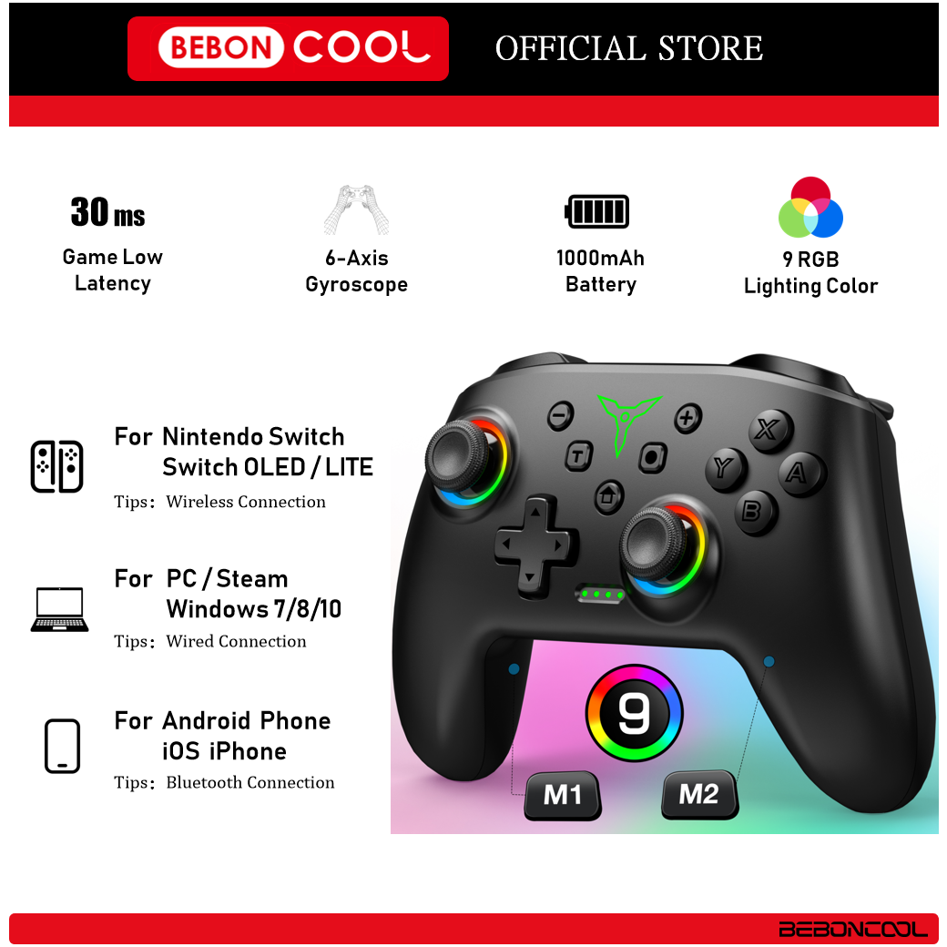 Beboncool คอนโทรลเลอร์ RGB บลูทูธไร้สายสําหรับ Nintendo Switch OLED/สวิตช์ Lite/ตัวควบคุมมือถือตัวควบคุมเกมแพดพีซีแบบมีสาย