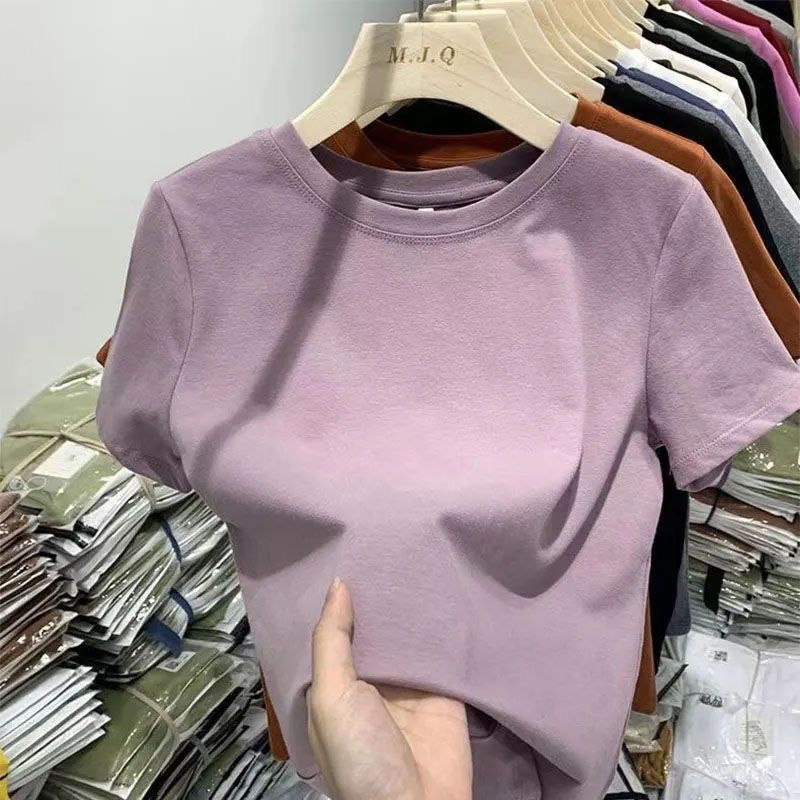 40S 92% ผ้าฝ้าย 8% Spandex Modal เสื้อยืดแขนสั้น Slim Fit ความยืดหยุ่นสูงธรรมดาผู้หญิงสีขาวด้านบน